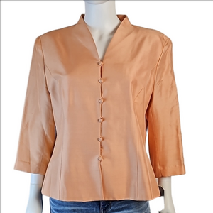 NWT Adrianna Papell 100% Silk Peach V Neck 3/4 Sleeve Lined Jacket Blazer